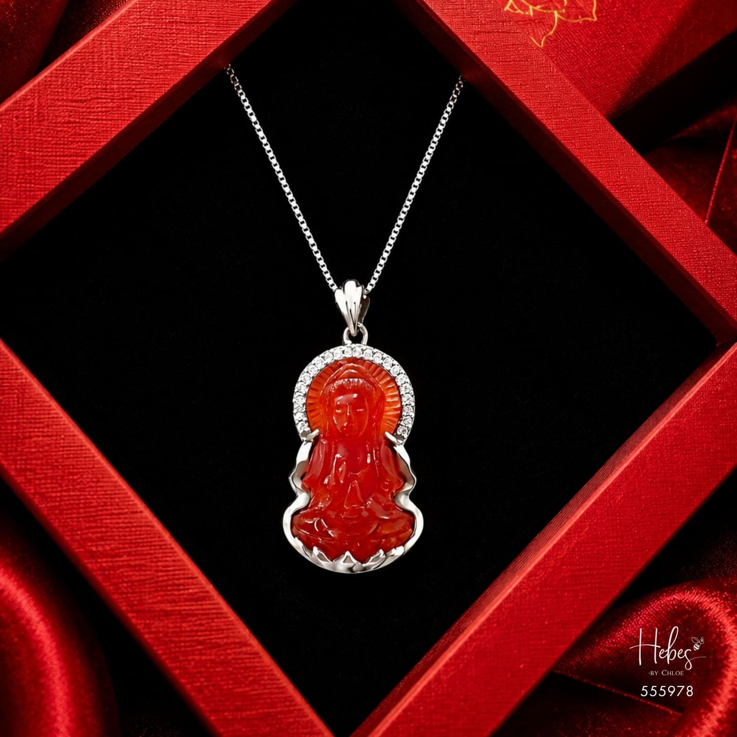 Guanyin Red Agate White Gold Pendant 555978