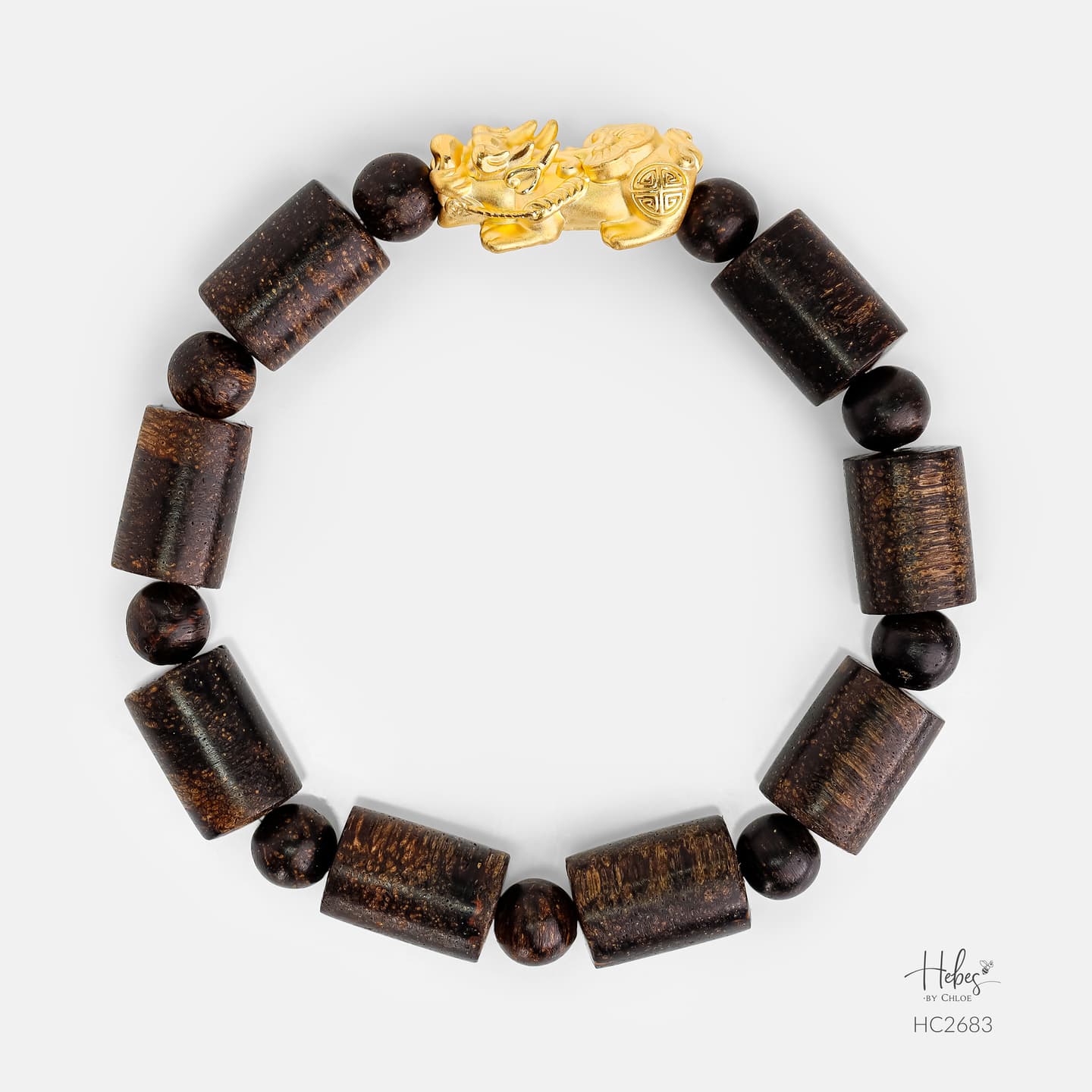Indonesian Bottle Groud Agarwood Pixiu Dragon 24K Gold Charm Bracelet HC2683
