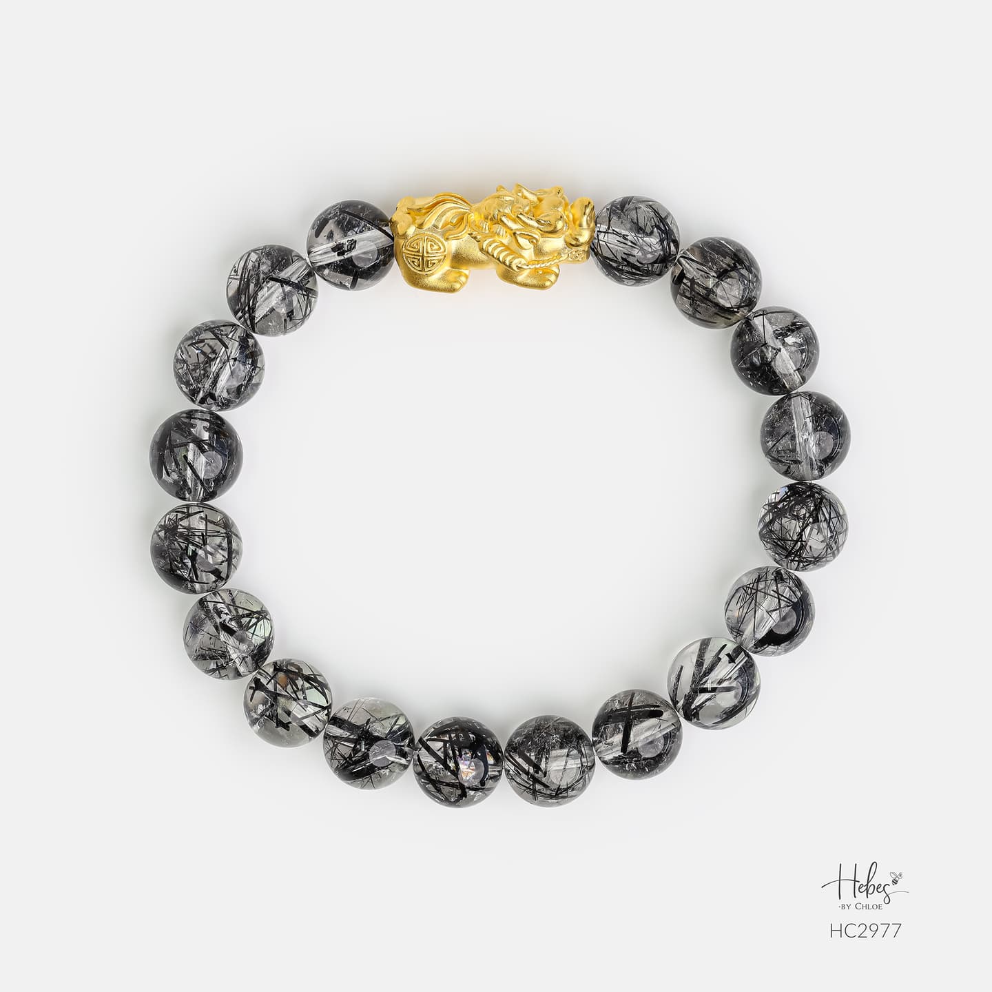 Abundant Blessing 24K Gold Pixiu Black Rutilated Quartz Healing Bracelet HC2977