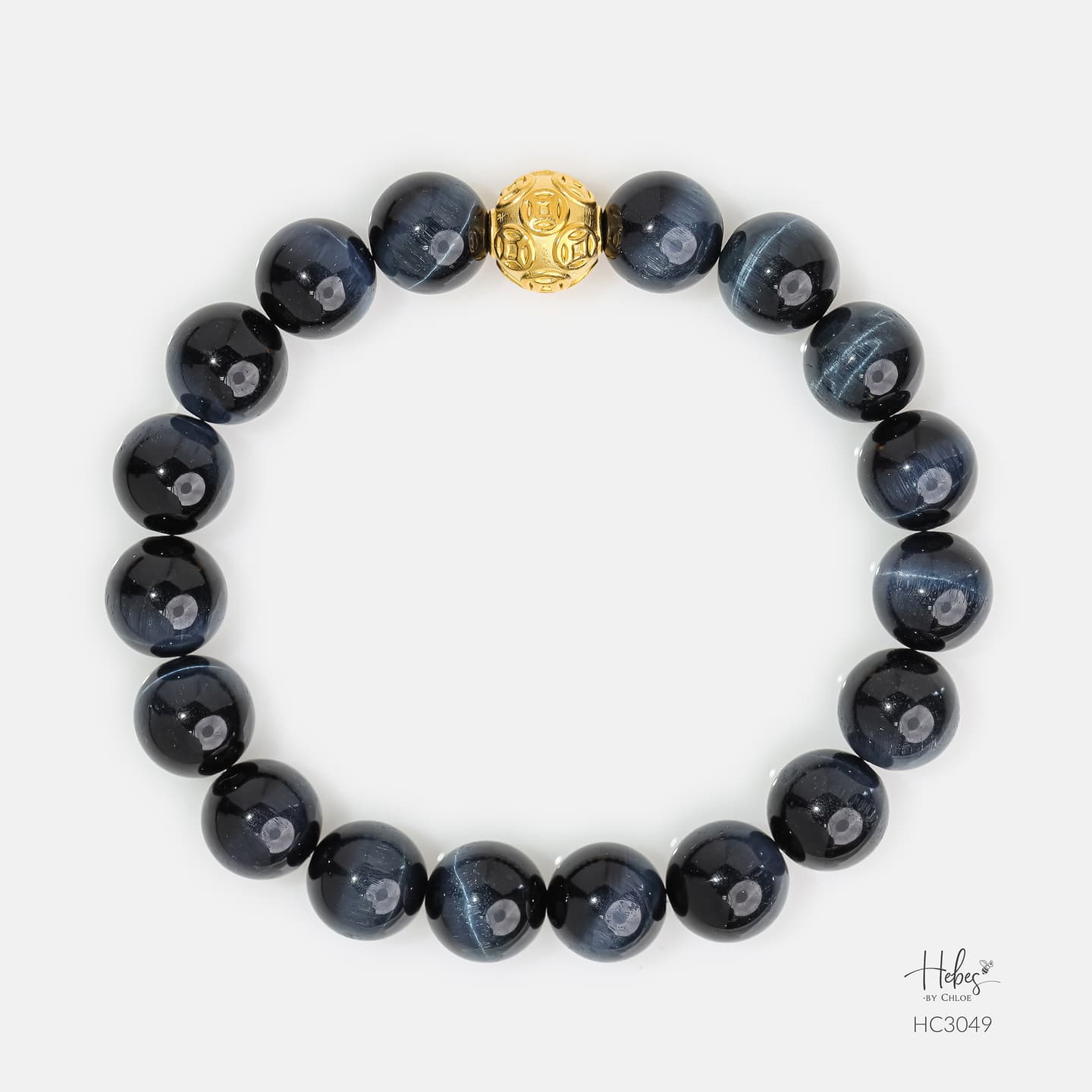 Gold Vermeil Money Ball Blue Tiger Eye Bracelet (!2mm) 993049