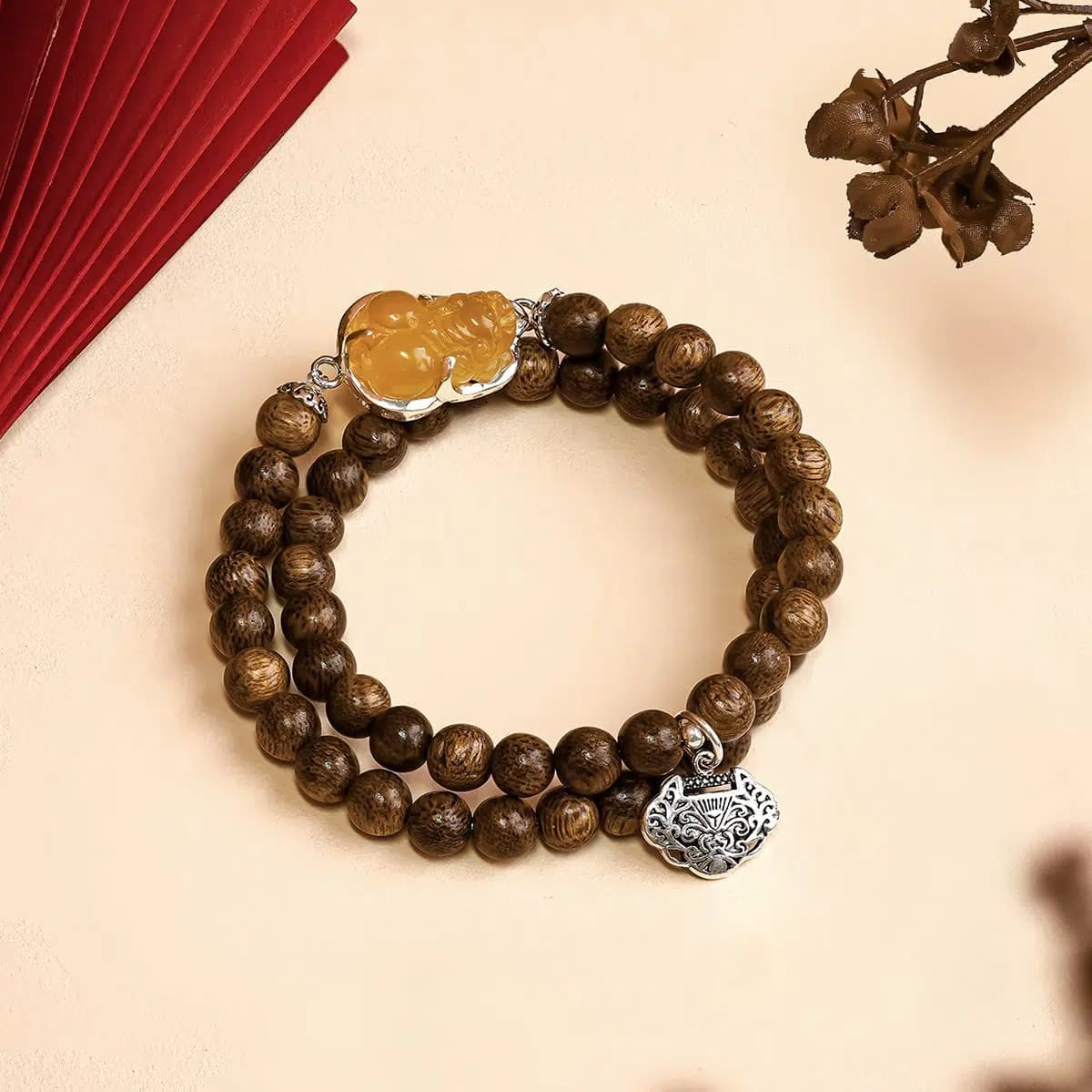 Vietnamese Double-Wrap Agarwood Red Agate Pixiu Dragon Charm Bracelet HC2728