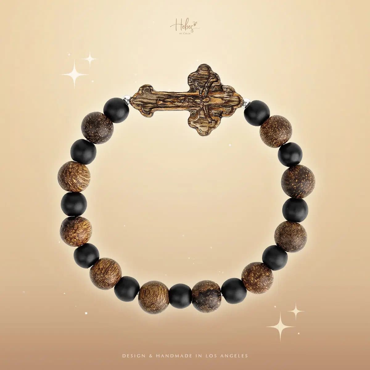 Indonesian Agarwood Black Onyx Cross Charm Bracelet HC2808