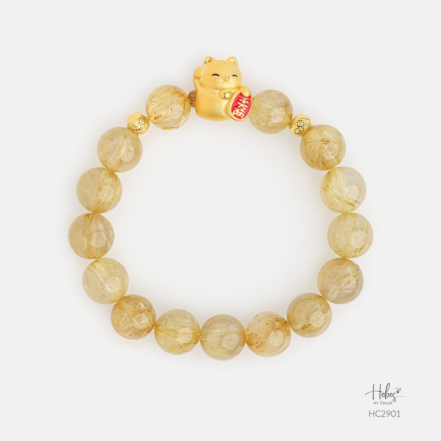 24K Gold Lucky Cat Yellow Rutilated Quartz Bracelet (9mm) 992901