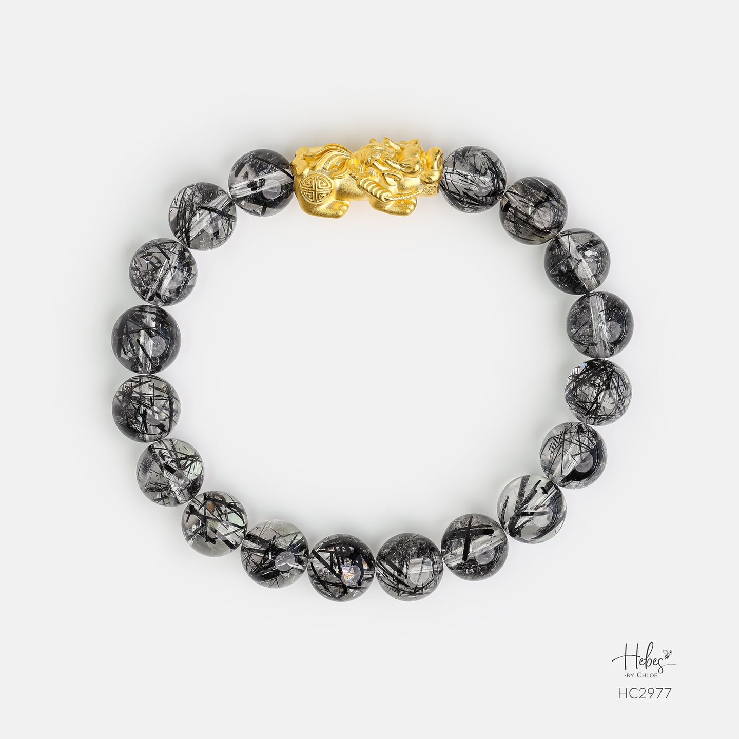 Abundant Blessing 24K Gold Pixiu Black Rutilated Quartz Healing Bracelet HC2977