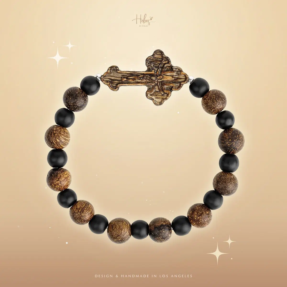 Indonesian Agarwood Black Onyx Cross Charm Bracelet HC2808